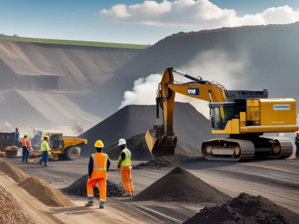 Reciclaje en minería sostenible: trabajadores operando maquinaria en sitio de minería, con estructura reciclada y materiales descartados