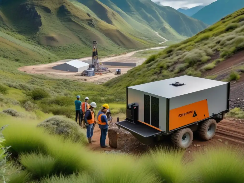Mineria sostenible con tecnología avanzada y energías renovables Tecnología para exploración minera sostenible en las montañas, con geólogos y geofísicos utilizando tecnología avanzada y energía renovable