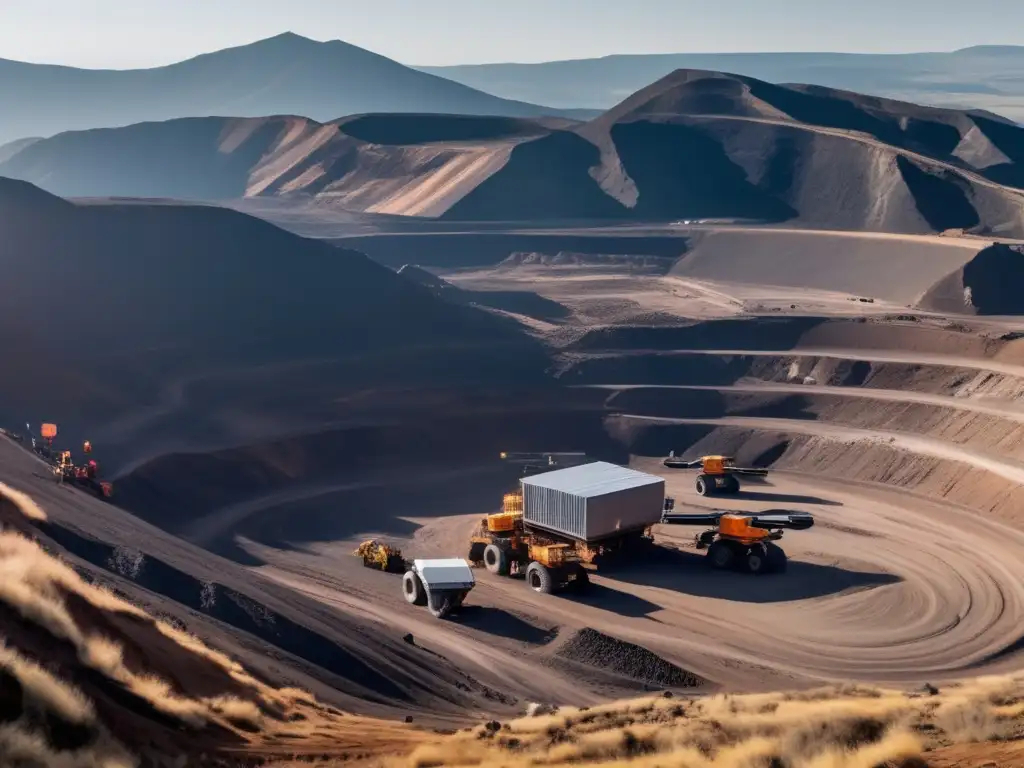 Tecnología moderna en exploración minera sostenible: vista panorámica de mina con equipo, drones, vehículos autónomos y realidad virtual