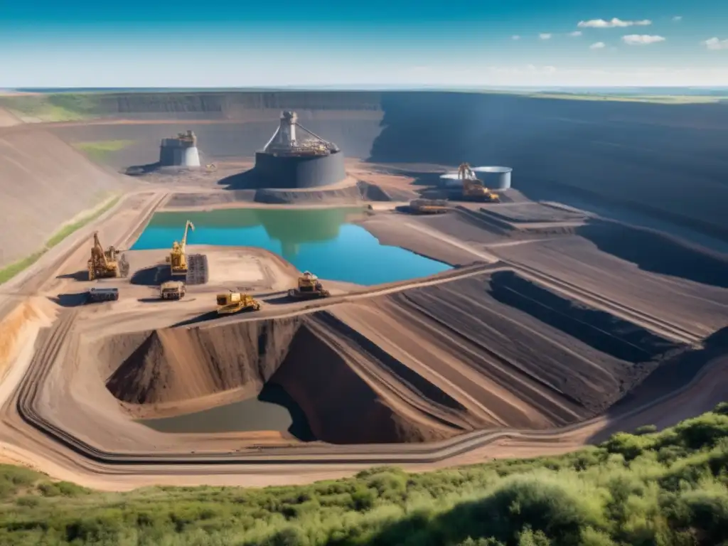 Técnicas sostenibles en minería: Fotografía documental de una mina a cielo abierto con maquinaria avanzada y paisaje natural