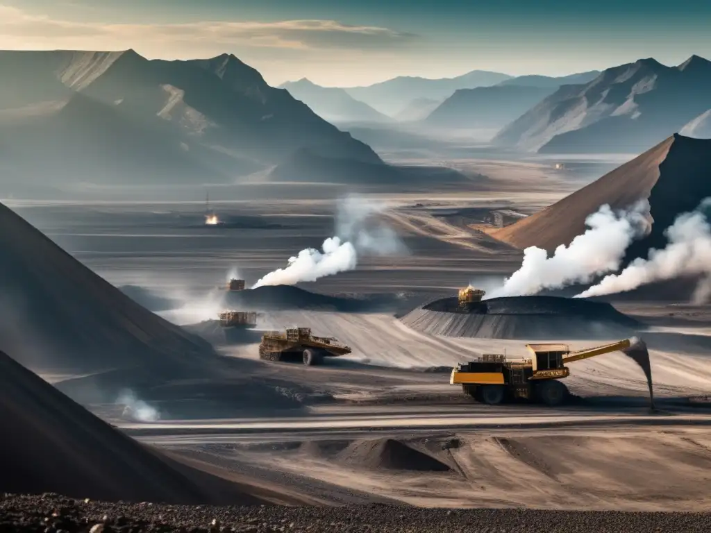 Desafíos legislación ambiental minería: paisaje minero con montañas, minas a cielo abierto, maquinaria industrial y contaminación