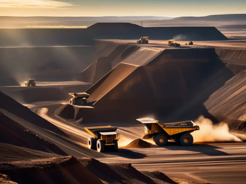 Innovación en minería sostenible y cambio climático: Vasta mina a cielo abierto, maquinaria, camiones gigantes, científicos y paisaje