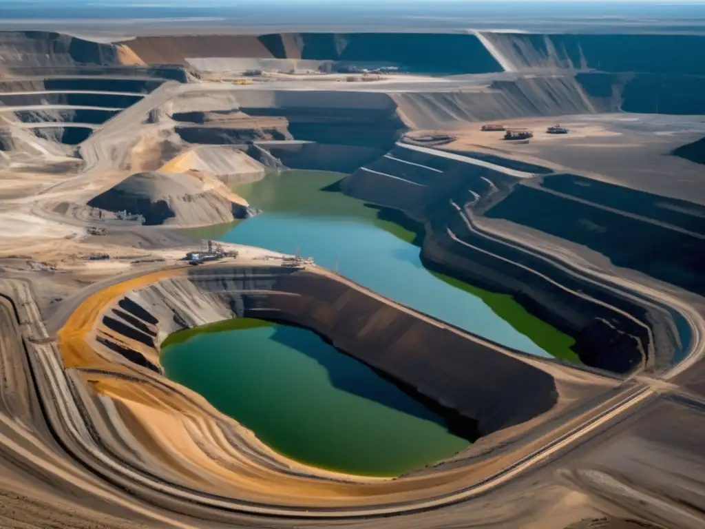 Gestión sostenible en minería América: vasta mina a cielo abierto con maquinaria, trabajadores y paisaje natural impactado