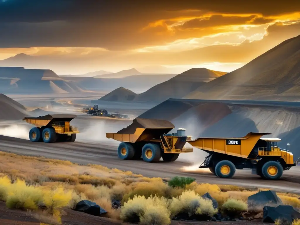 Técnicas sostenibles en minería América: paisaje montañoso, maquinaria moderna y legado histórico