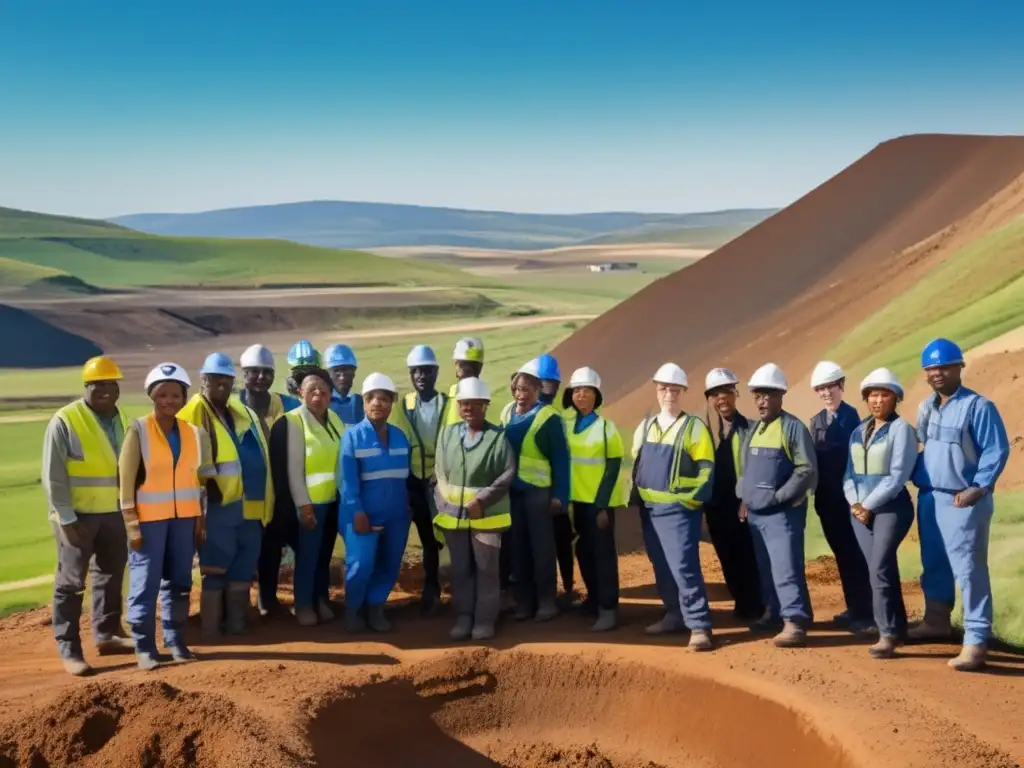 Legislación minera sostenible: paisaje minero sostenible, trabajadores colaborando, maquinaria moderna y energías renovables