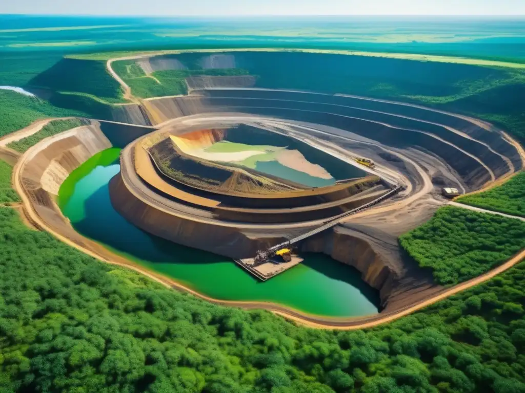 Iniciativas prometedoras minería sostenible: Mina abierta impresionante, biodiversidad exuberante, tecnología avanzada, trabajadores seguros