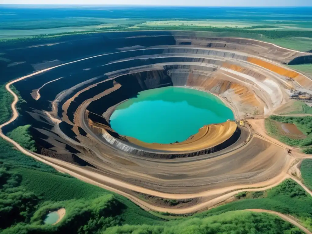 Tecnología sostenible para la minería: Vista aérea impresionante de una mina a cielo abierto rodeada de exuberante vegetación y un cielo azul vibrante