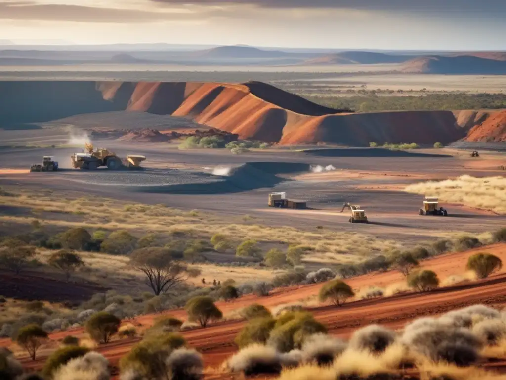 Descubrimiento de yacimientos de plomo sustentables en Australia: paisaje documentalista, vasto y fotorealista