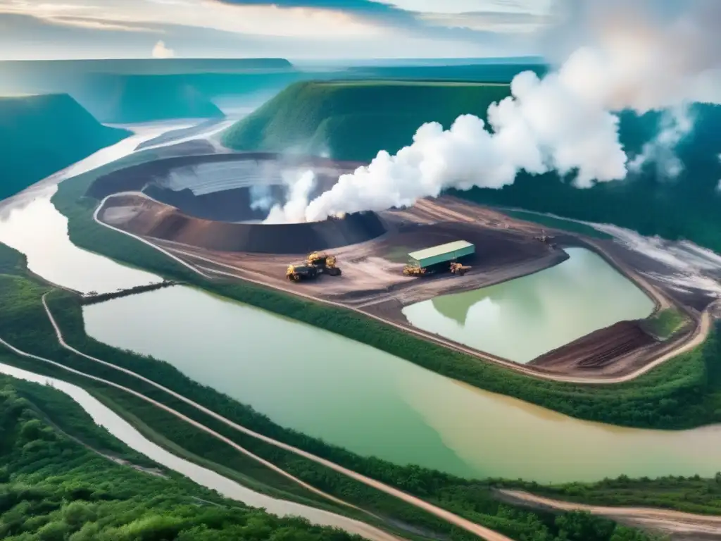 Mejorar técnicas mineras sostenibles: mina rodeada de naturaleza y maquinaria industrial, resaltando impacto ambiental