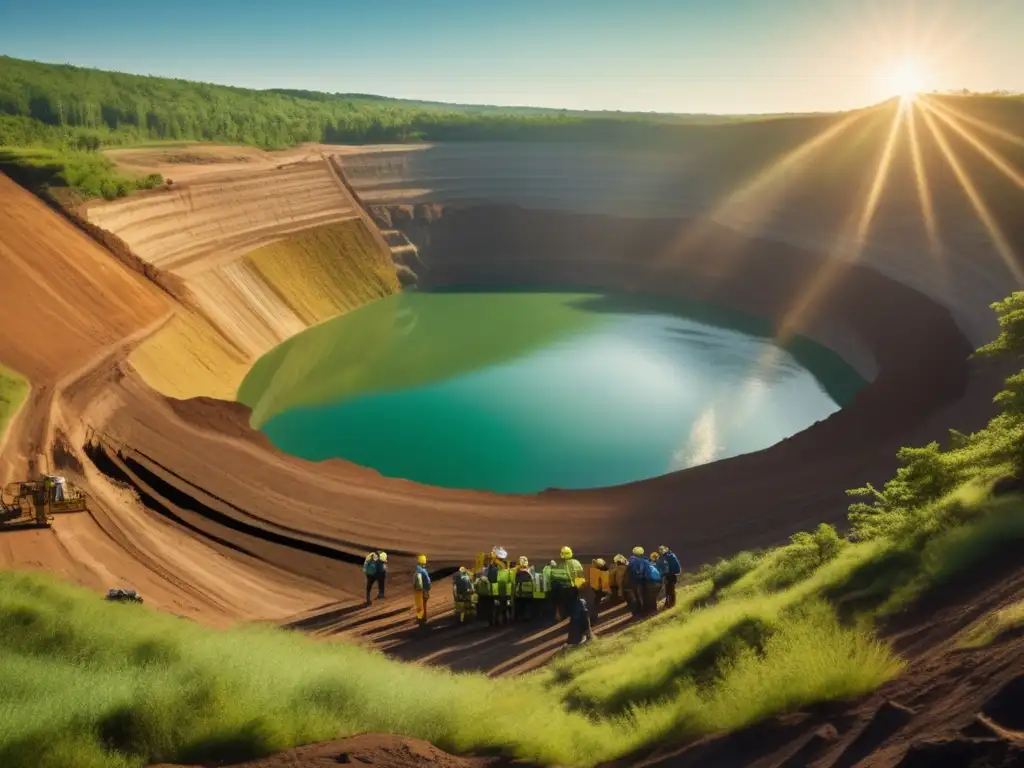 Técnicas sostenibles en la minería: Mina a cielo abierto con bosques verdes, agua cristalina y geólogos estudiando formaciones rocosas