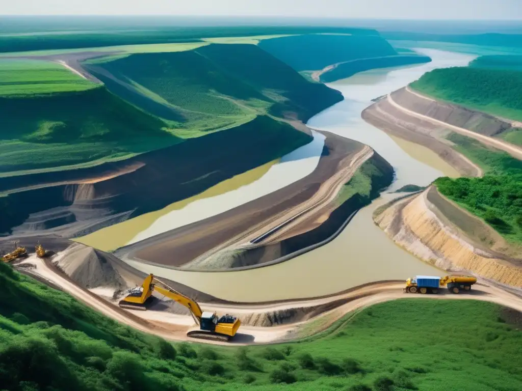 Impacto ambiental de la minería en paisaje minero sostenible con maquinaria, río y bosques verdes