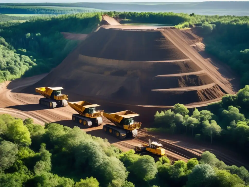 Impacto de la minería sostenible: mina gigante rodeada de bosques verdes, camiones y excavadoras, contraste industrial y belleza natural