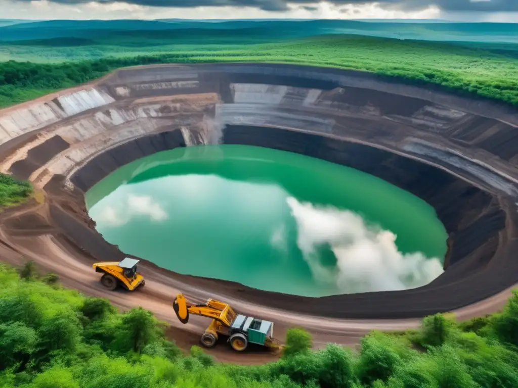 Impacto ambiental de la minería: mina abierta rodeada de bosques, mineros operando maquinaria pesada, energía renovable integrada