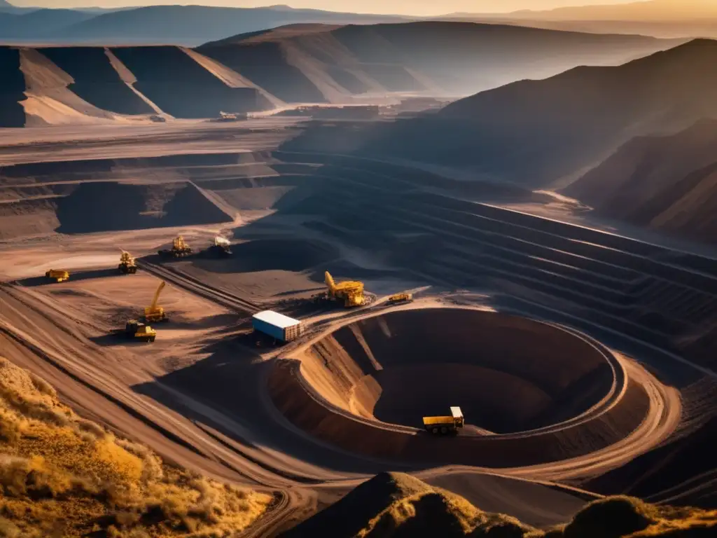 Gestión sostenible de recursos mineros: imagen impactante de mina rodeada de montañas, trabajadores, comunidades ecológicas y diálogo esperanzador