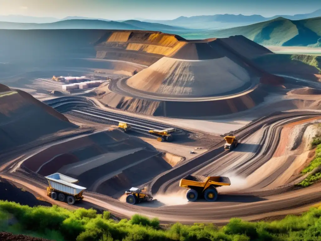 Técnicas geofísicas para minería sostenible en una impactante imagen de una mina a cielo abierto rodeada de paisajes naturales