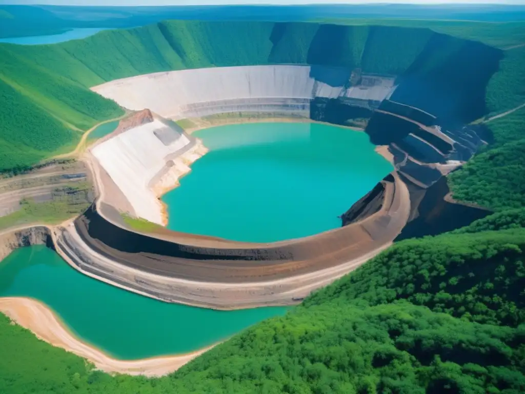 Técnicas sostenibles en minería industrial rodeada de naturaleza y lagos azules, con maquinaria y tecnología avanzada