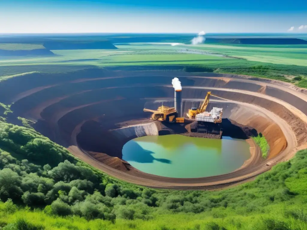 Impacto ambiental de la minería sostenible: mina a cielo abierto rodeada de naturaleza, maquinaria industrial y cielo azul