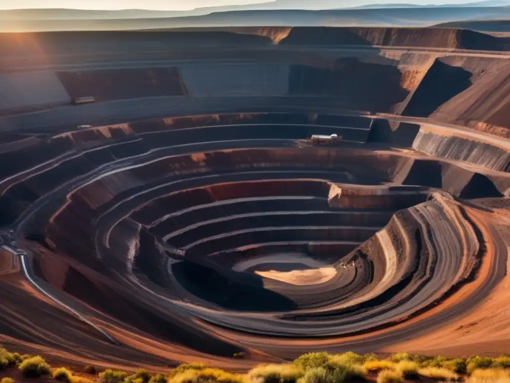 Impacto ambiental de la minería sostenible: vista panorámica de una mina a cielo abierto, con trabajadores y maquinaria en acción