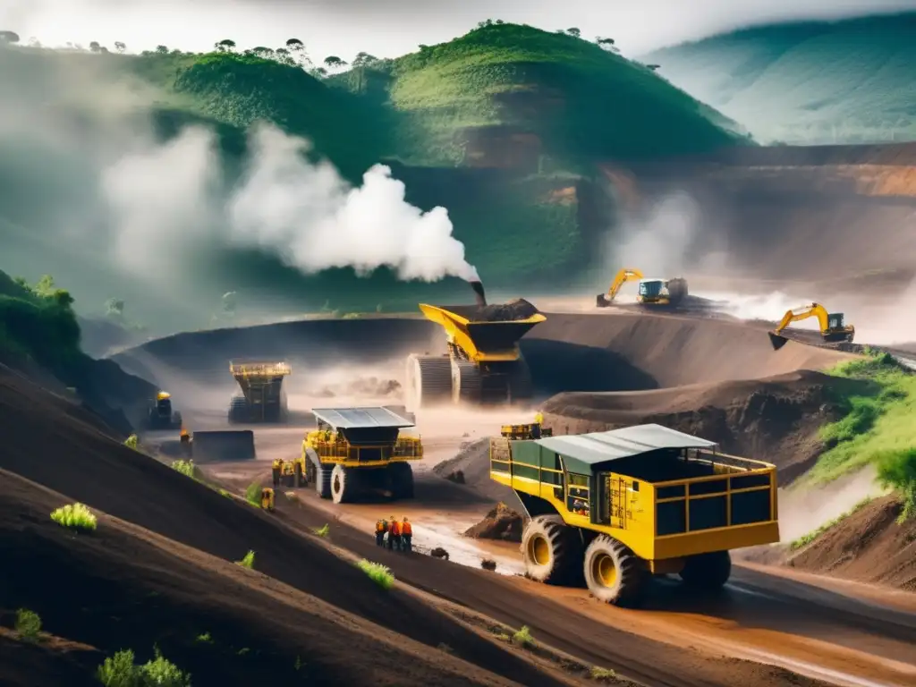 Técnicas sostenibles en minería: Mineros trabajando en una mina rodeada de vegetación exuberante y neblina misteriosa