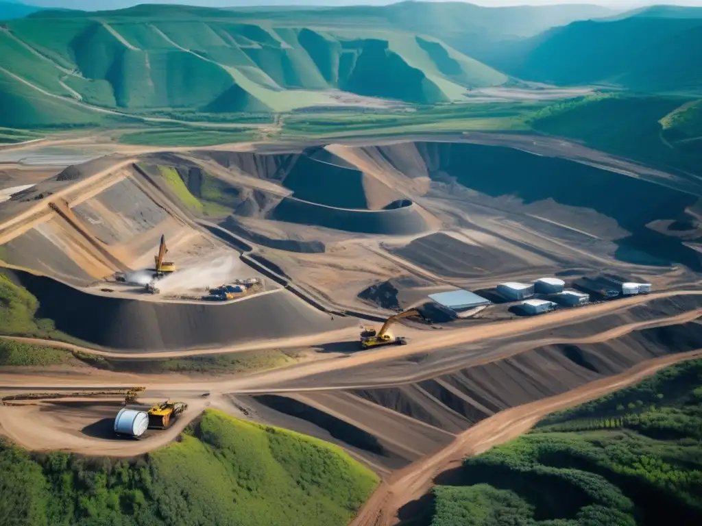 Equilibrio inversión minería sostenible: panorama minero con montañas, maquinaria y naturaleza, reflejando armonía entre industria y medio ambiente