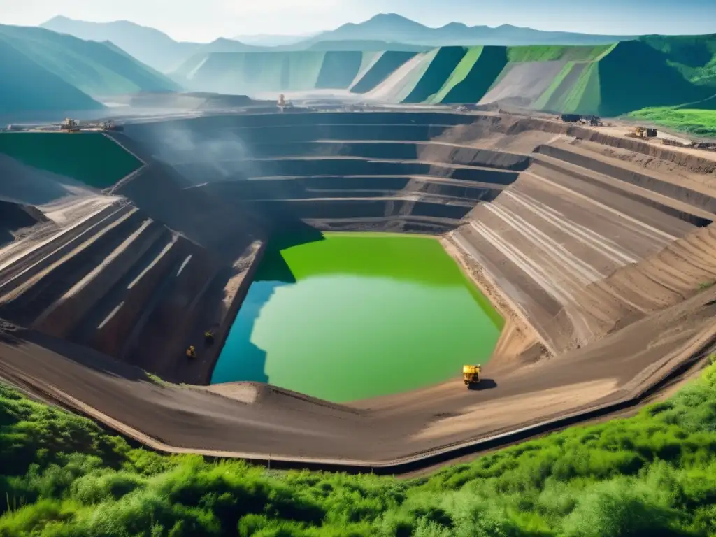 Minerales tecnología verde: desafíos oportunidades, mina a cielo abierto con trabajadores y maquinaria