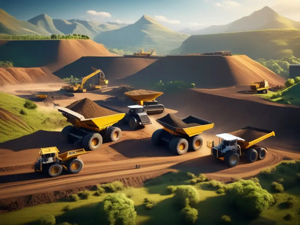 Vista aérea de mina con maquinaria y energías renovables Herramientas sostenibles en minería: Vista aérea de mina rodeada de montañas, maquinaria pesada en acción, trabajadores y energía renovable