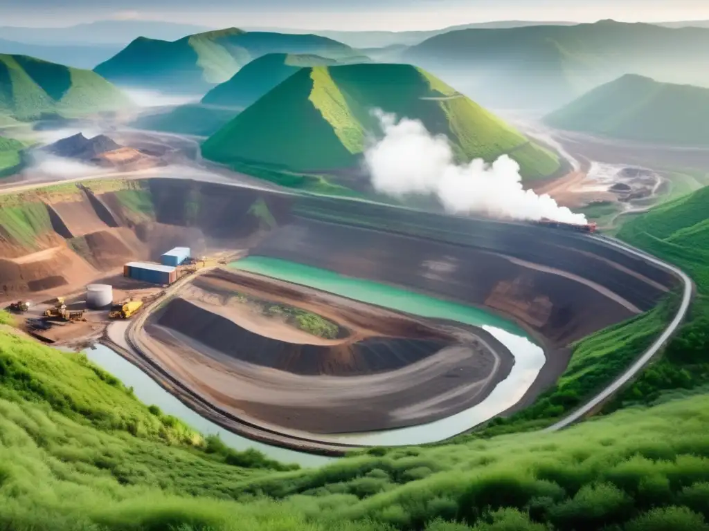 Impacto ambiental de la minería sostenible en una vista panorámica de una mina a cielo abierto rodeada de montañas verdes