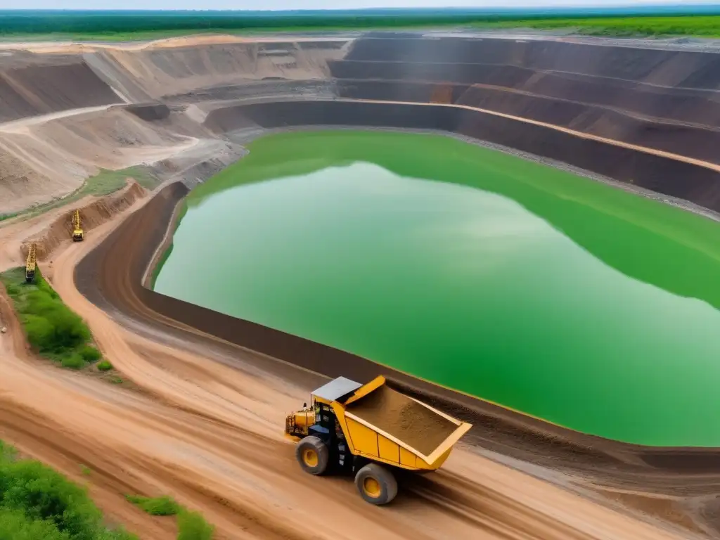 Impacto ambiental de la minería sostenible en gran mina con maquinaria, trabajador y vegetación