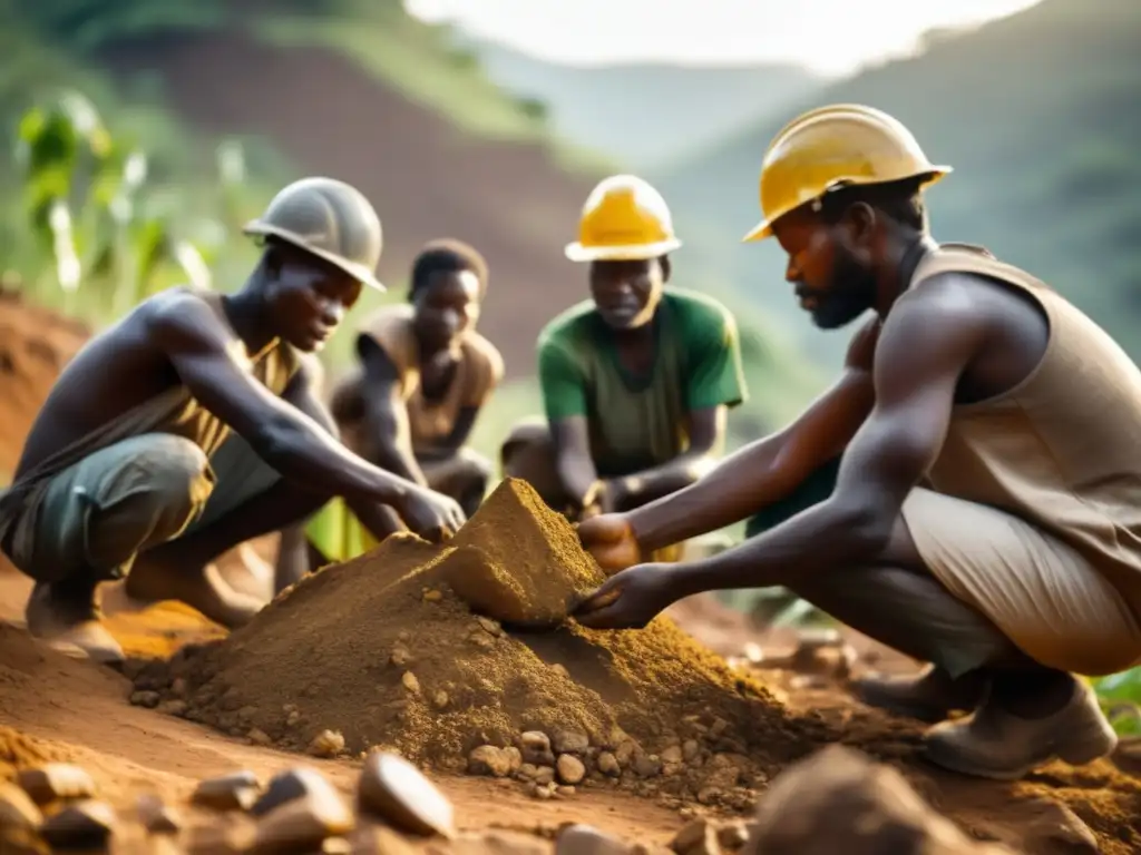 Gestión sostenible minerales conflicto: Equipo minero trabajando en sitio remoto rodeado de montañas verdes