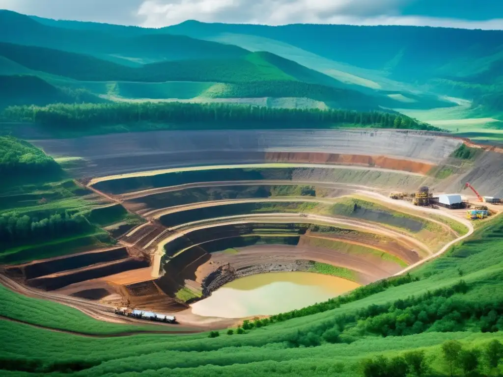 Técnicas sostenibles en la minería: Mina a cielo abierto rodeada de bosques verdes, maquinaria pesada trabajando y río en primer plano