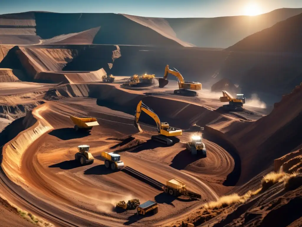 Innovaciones sostenibles en minería: mina en montaña con maquinaria pesada y paisaje natural