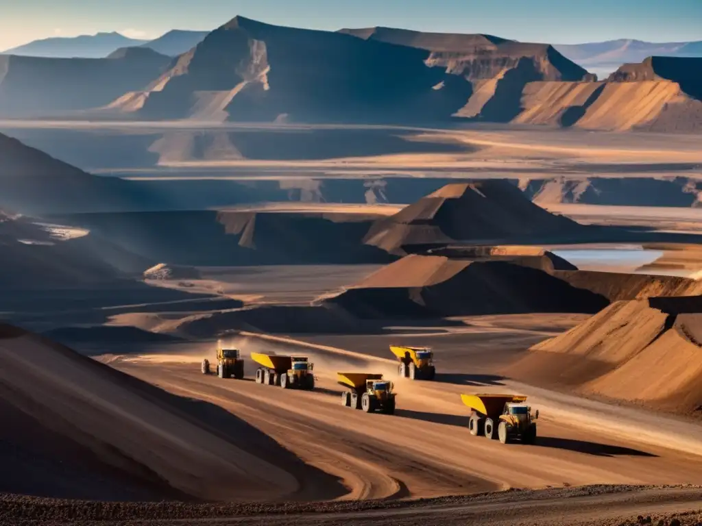 Importancia minerales tecnología verde - Vasta mina a cielo abierto con montañas imponentes, maquinaria pesada y mineros operando avanzada tecnología