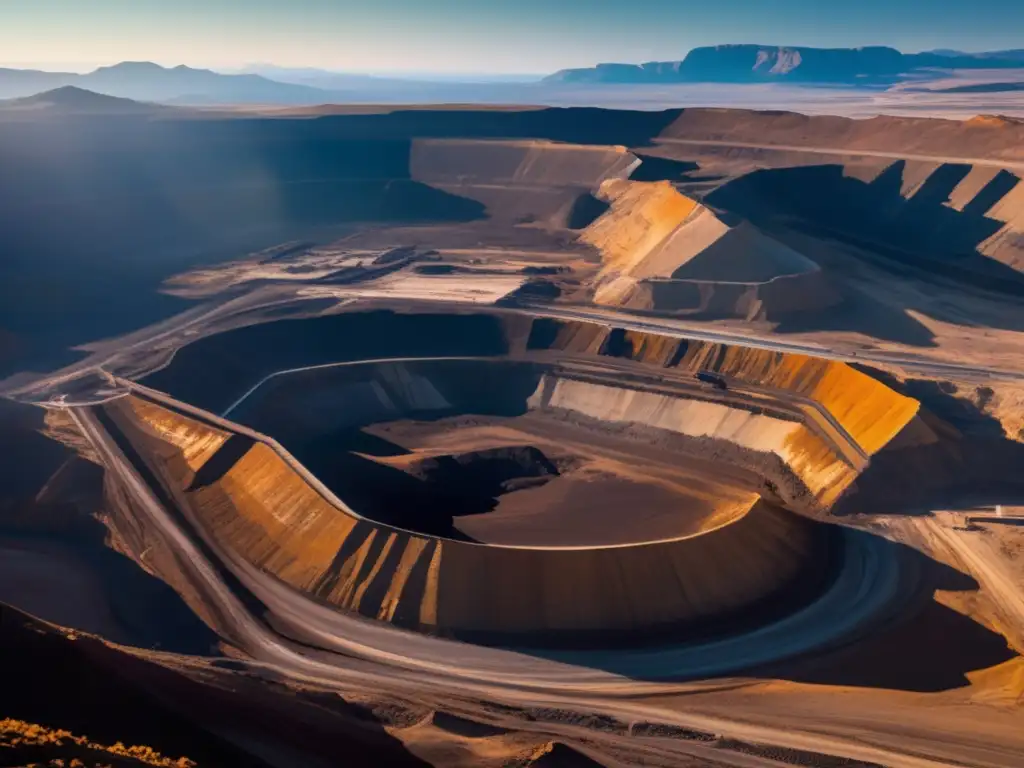 Impacto ambiental de la minería sostenible en una mina a cielo abierto rodeada de montañas y terreno abrupto