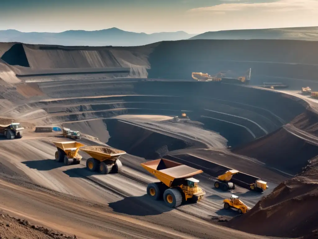 Vista panorámica de una gran mina a cielo abierto rodeada de montañas, con maquinaria pesada y trabajadores, destacando la minería sostenible y ética