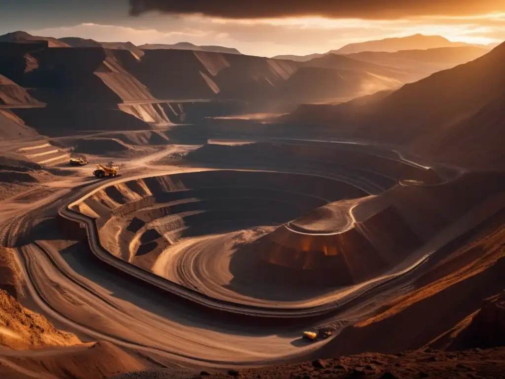 Tecnología sostenible para minería eficiente: mina a cielo abierto con trabajadores y camiones masivos en terreno montañoso