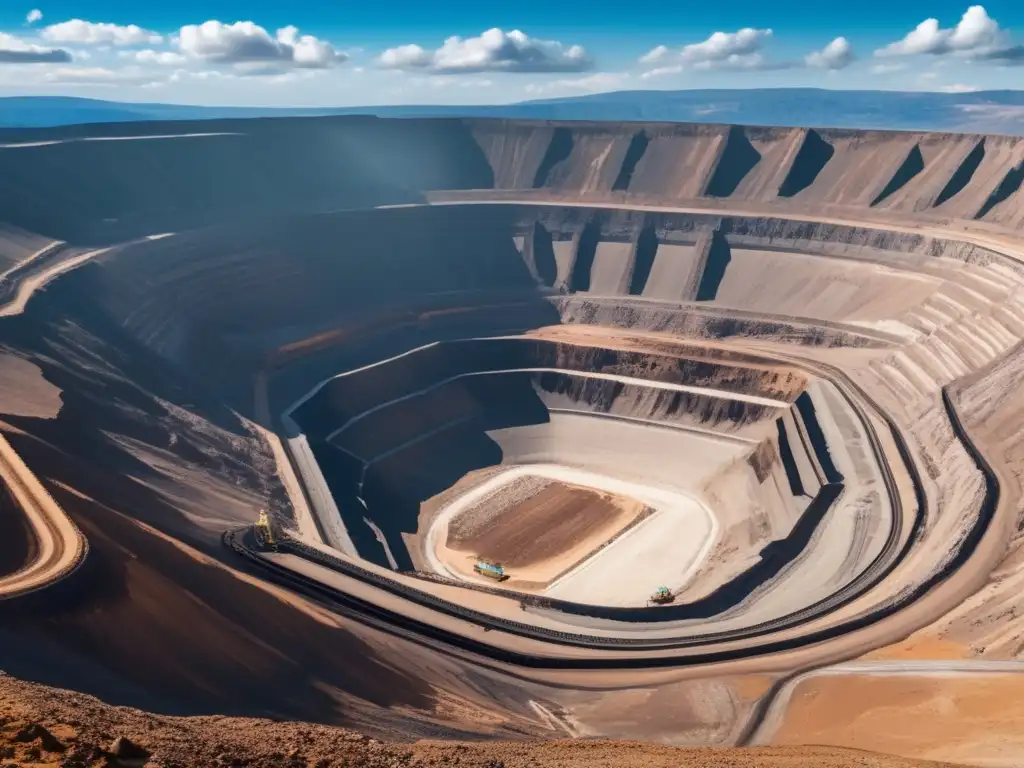 Sostenibilidad en la minería: gigante mina rodeada de montañas, terrazas, camiones y cielo azul con nubes blancas