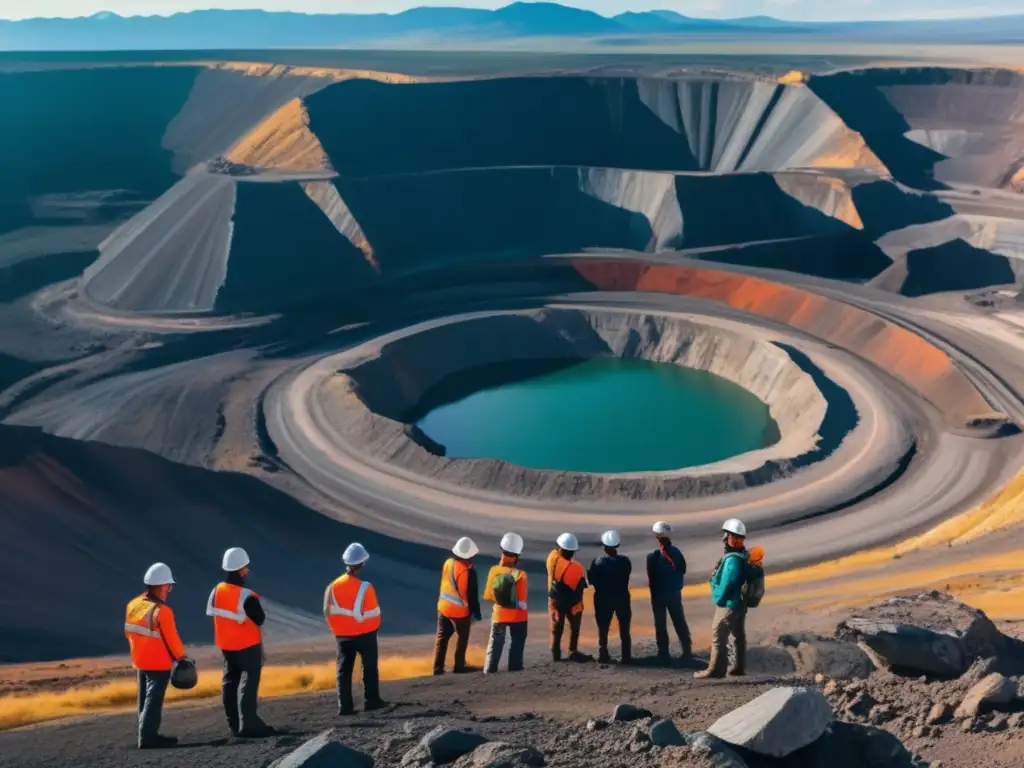 Mapeo geológico avanzado sostenible en mina rodeada de montañas majestuosas, geólogos recolectan datos con precisión