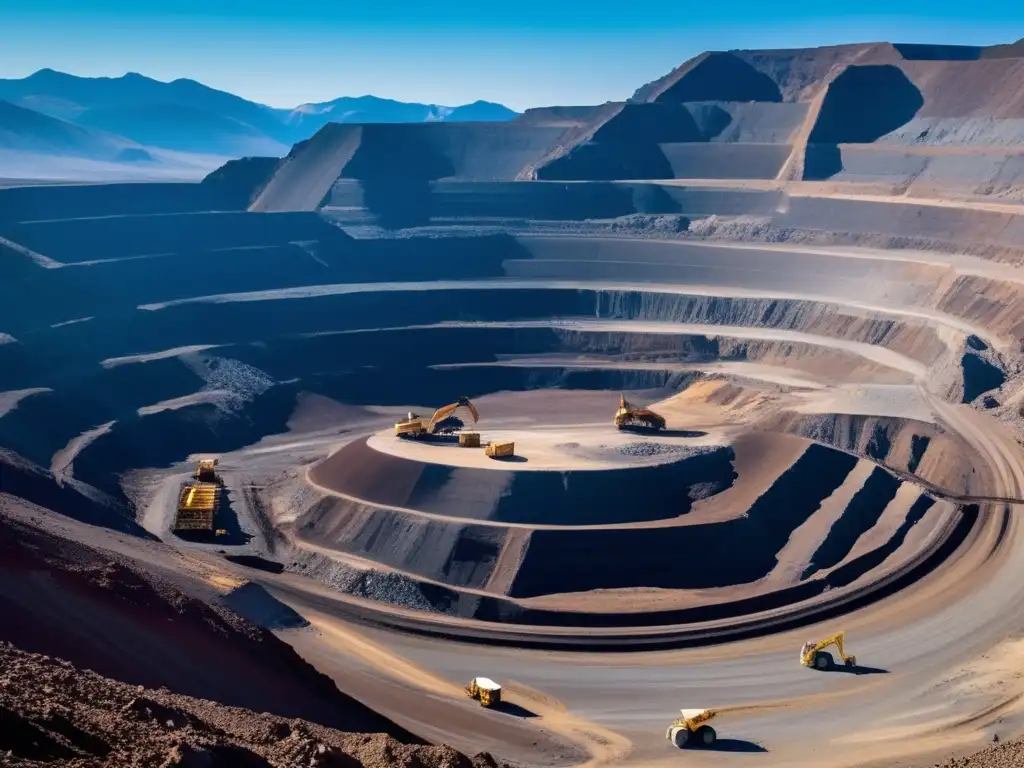 Beneficios de la minería sostenible: impresionante imagen de una mina a cielo abierto rodeada de montañas, cielo azul y actividades mineras