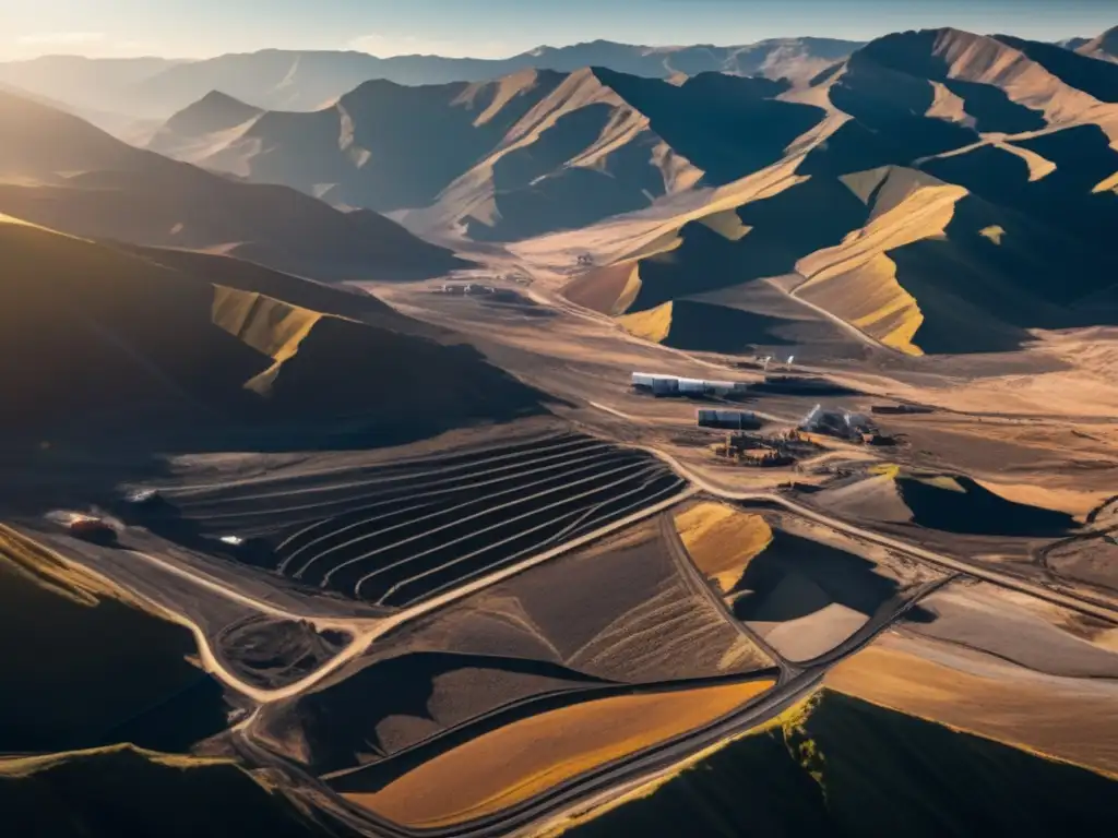 Vista aérea impresionante de minas en montañas con maquinaria pesada