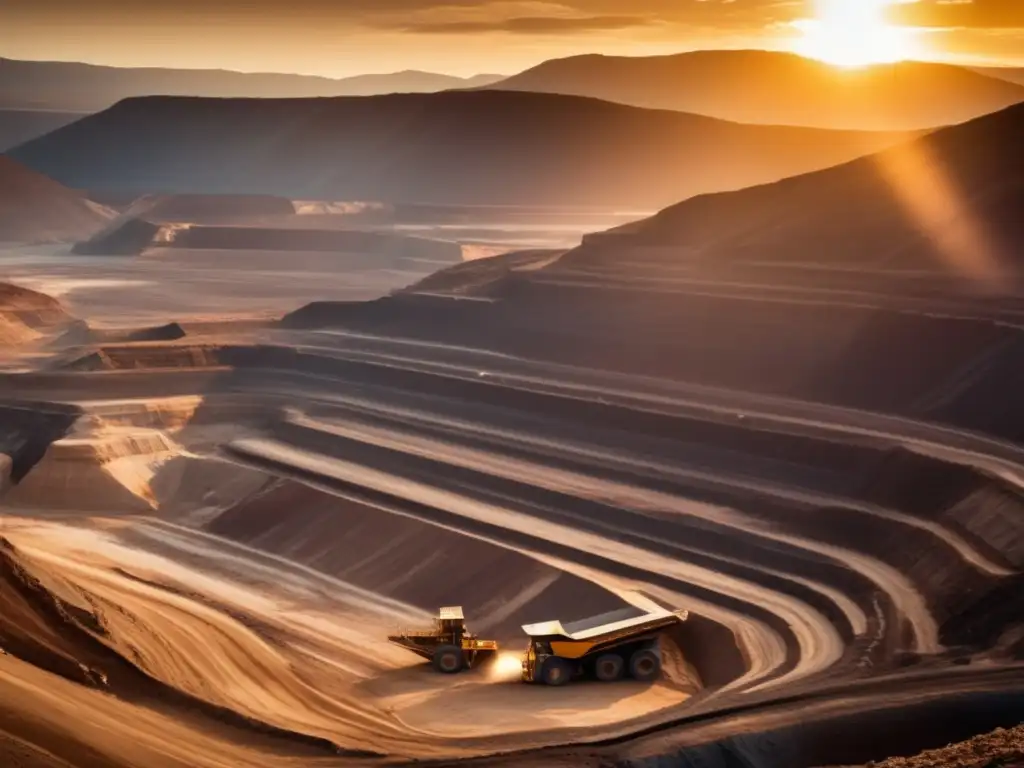 Tendencias financieras sostenibles en minería: Mina a gran escala con maquinaria pesada y trabajadores analizando datos