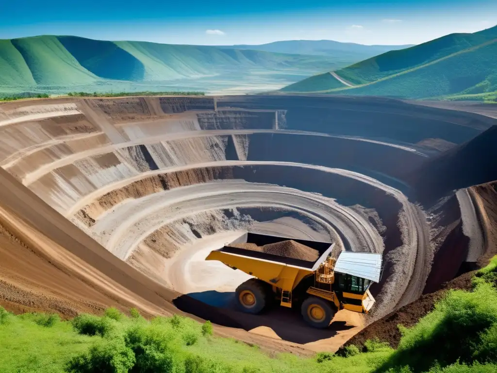 Minería sostenible y conservación ambiental: paisaje minero con maquinaria y montañas verdes