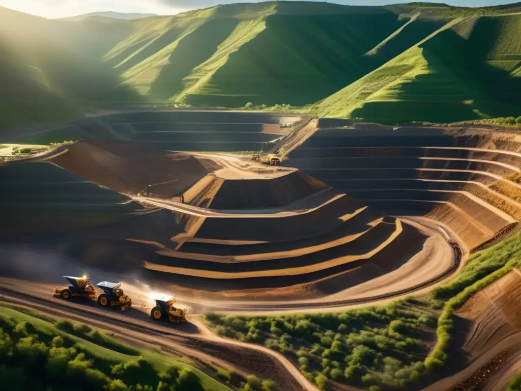 Iniciativas globales minería sostenible: Mina integrada en entorno natural, equipos en acción, seguridad y armonía