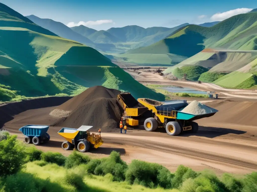 Mineria responsable en entorno natural Gestión ética para minería sostenible: trabajadores seguros en paisajes verdes y cielos azules