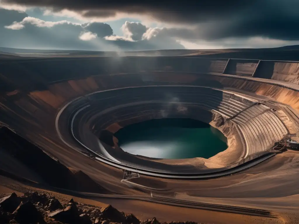 Interpretación geofísica en minería sostenible - Detallada imagen 8k de una mina a cielo abierto con maquinaria, nubes y paisaje contrastante