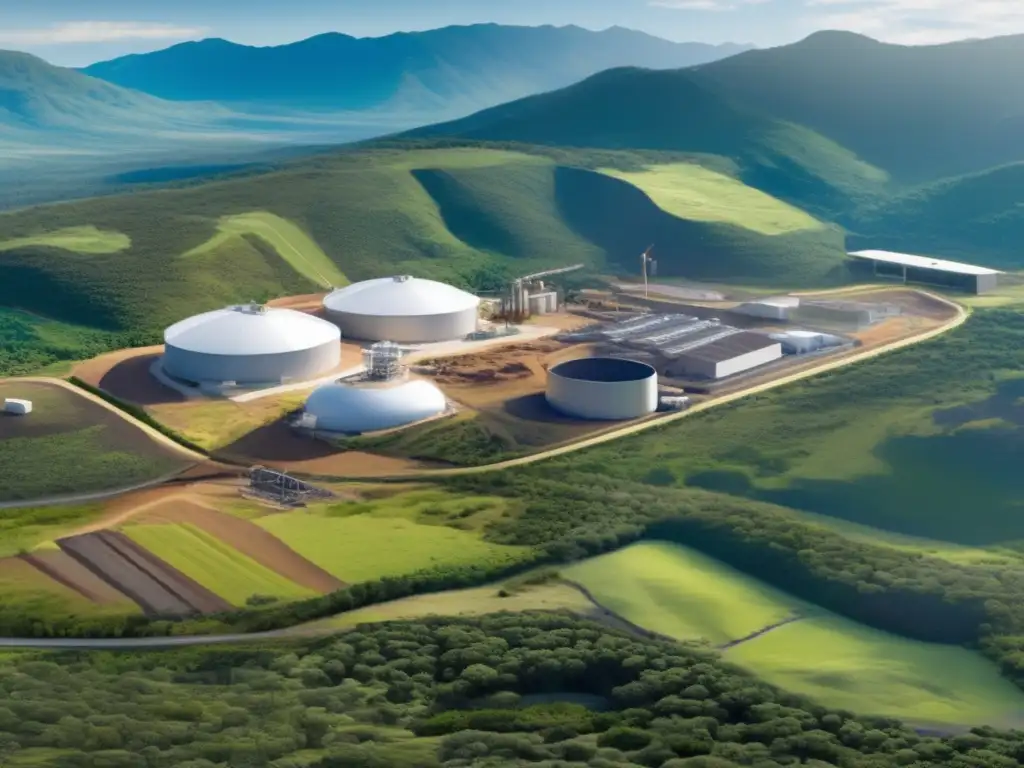 Técnicas ecológicas en minería: vista panorámica de un sitio sustentable con fauna, montañas nebulosas y cielo azul