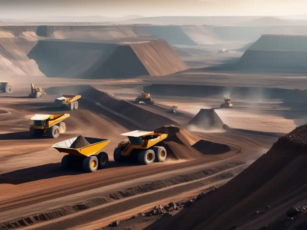 Impacto ambiental de la minería sostenible: paisaje minero con maquinaria, extracción y contraste con naturaleza y cambio climático