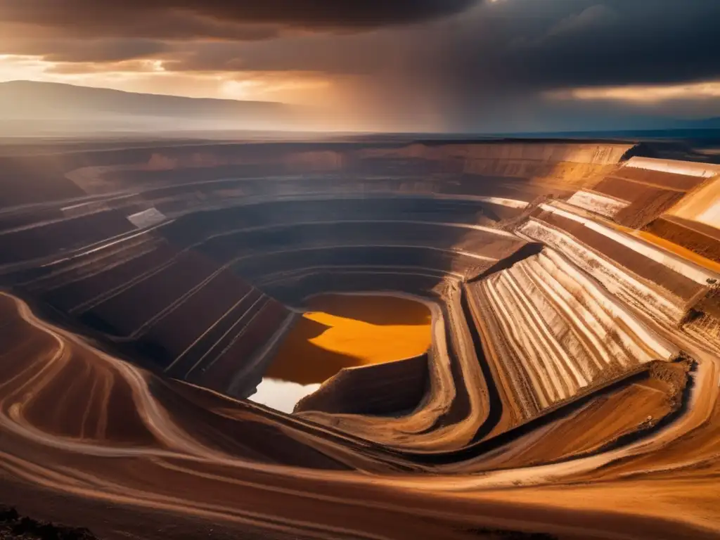 Simulaciones de minería sostenible: Mina a cielo abierto con terrazas y camiones mineros en paisaje mineral