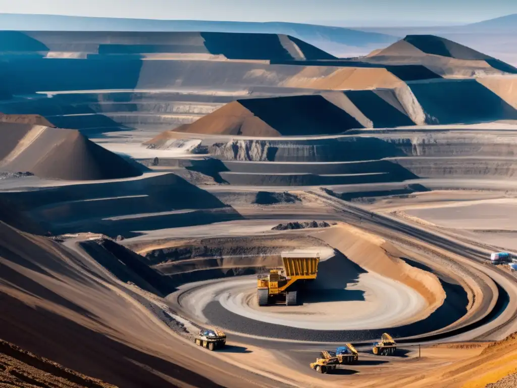 Técnicas sostenibles de minería: panorámica de mina a cielo abierto rodeada de montañas, camiones mineros, maquinaria y energía renovable