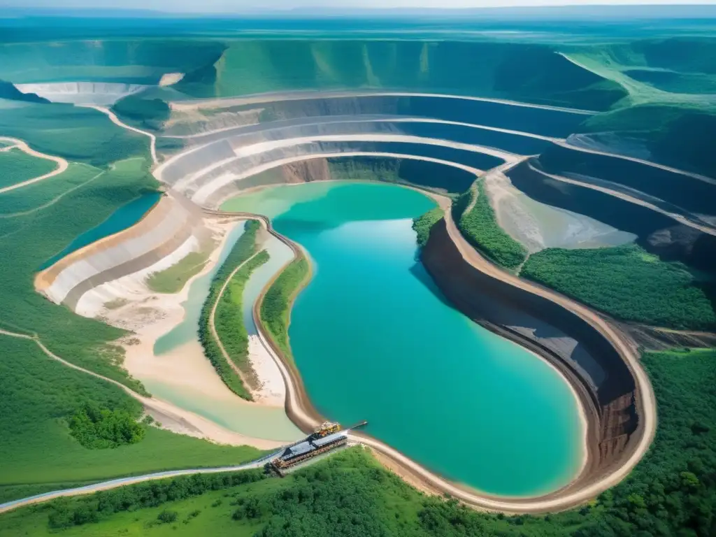 Vista aérea impresionante de una mina a cielo abierto rodeada de exuberantes paisajes verdes