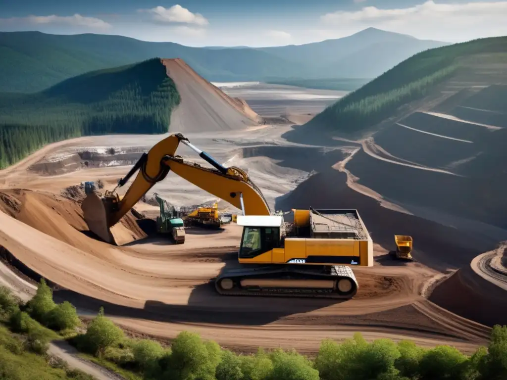Explotación minera en paisaje montañoso Mineria sostenible en paisaje montañoso con excavadora y recursos naturales